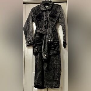 Acid-Wash Black Denim Utility Dress with Pockets